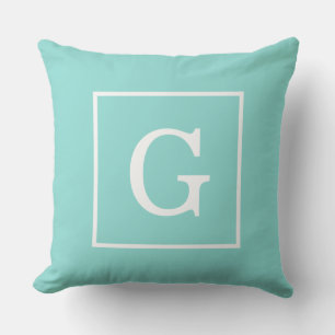 Aqua Turquoise White Framed Initial Monogram Throw Pillow