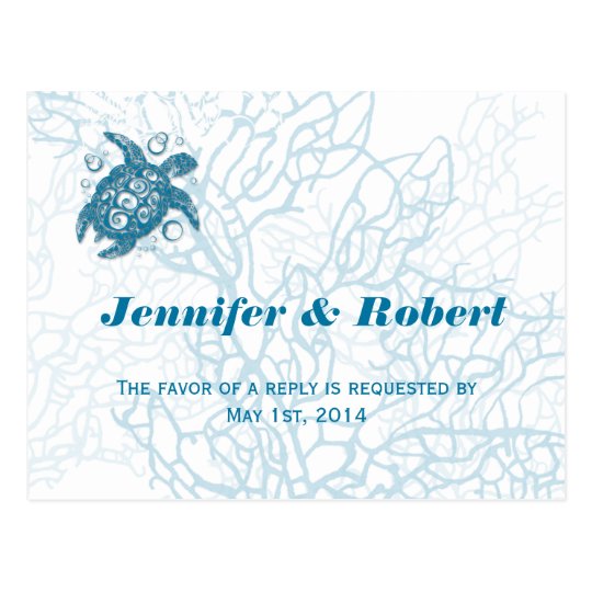 Aqua Turtle Love Wedding RSVP Postcard