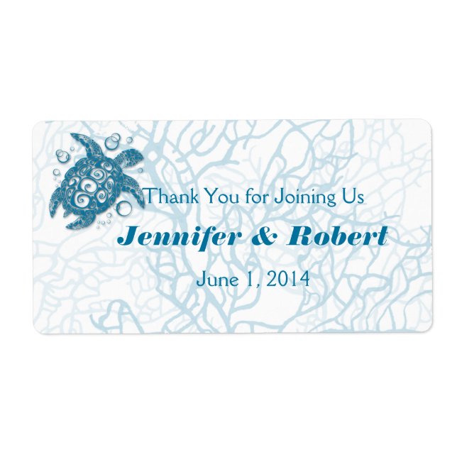 Aqua Turtle Love Wedding Water Bottle Label (Front)