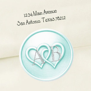 Aqua Two Hearts Intertwined Monogram Wedding Classic Round Sticker