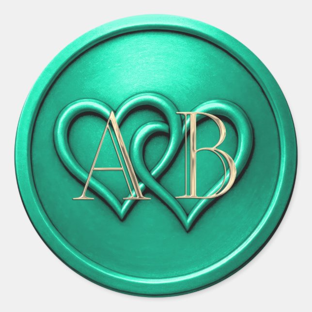 Aqua Two Hearts Intertwined Monogram Wedding Classic Round Sticker (Front)