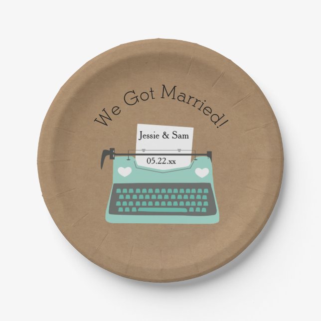 Aqua Typewriter Customized Wedding Paper Plates (Front)