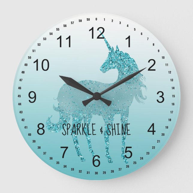 Aqua Unicorn Sparkle Large Clock (Front)