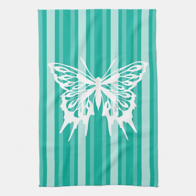 Aqua Victorian Stripe with Butterfly Kitchen Towel (Vertical)