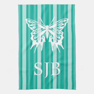 Aqua Victorian Stripe with Butterfly Monogram Kitchen Towel