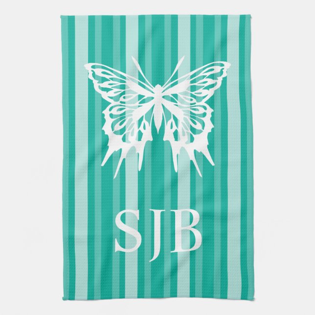 Aqua Victorian Stripe with Butterfly Monogram Kitchen Towel (Vertical)
