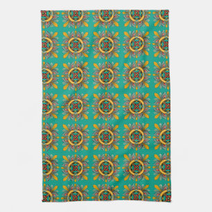 Aqua Victorian Tile Design Kitchen Towel