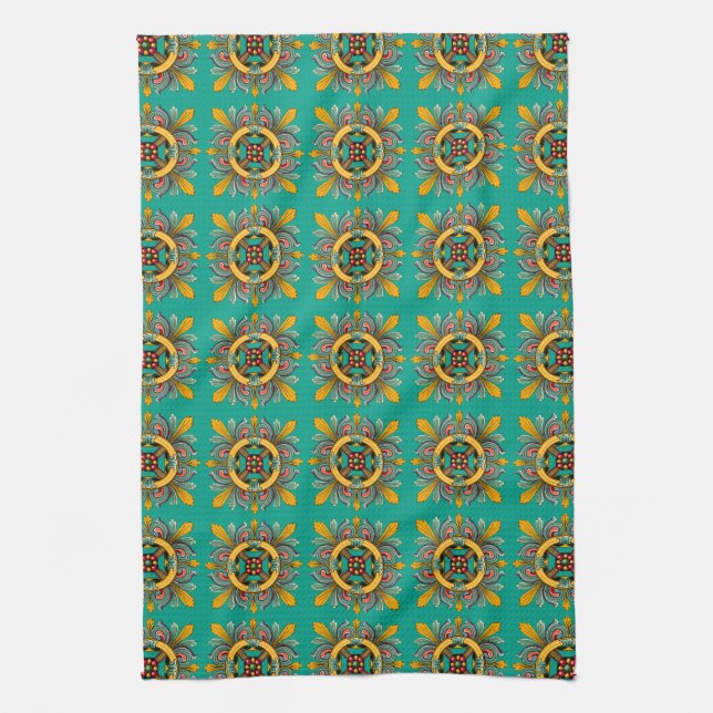 Aqua Victorian Tile Design Kitchen Towel (Vertical)
