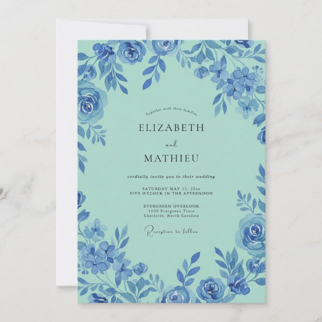 Aqua Vine Painted Wedding Invitation (Front)
