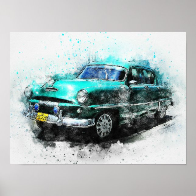 Aqua Vintage Car 1950s  16" X 12" Poster (Front)