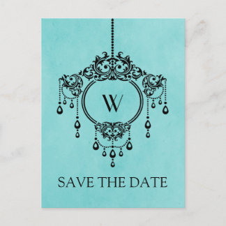 Aqua Vintage Chandelier Save the Date Postcard