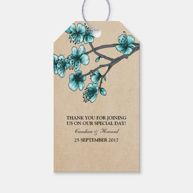 Aqua Vintage Cherry Blossoms Gift Tags (Front)