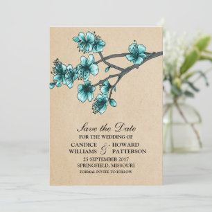 Aqua Vintage Cherry Blossoms Save the Date Invite