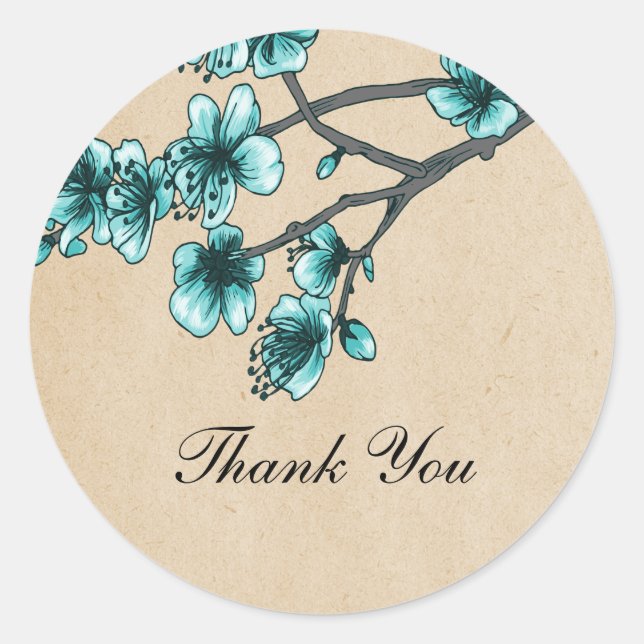 Aqua Vintage Cherry Blossoms Thank You Stickers (Front)