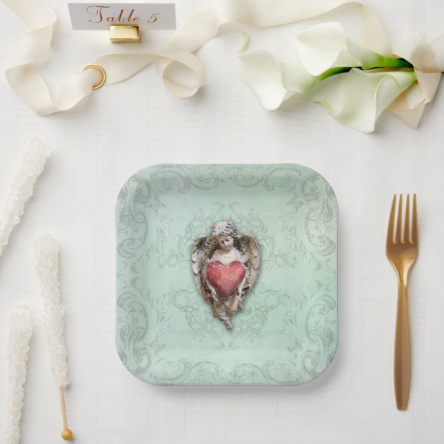 Aqua Vintage Cherub with Heart Paper Plate (Wedding)