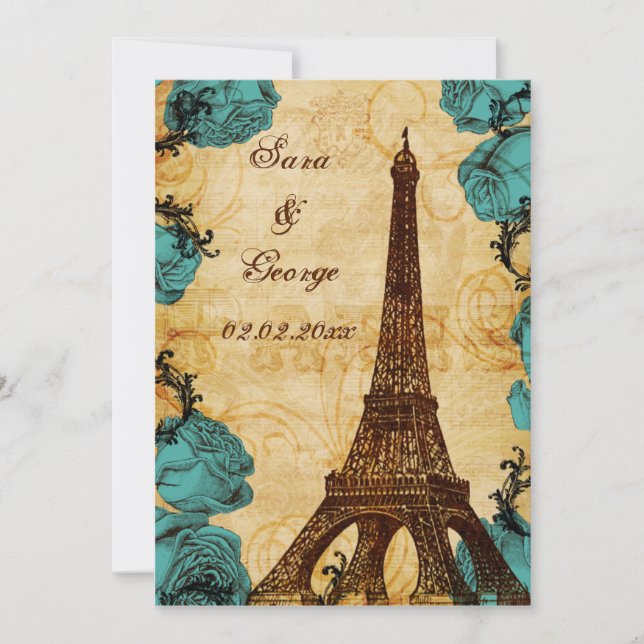 aqua vintage eiffel tower Paris save the date (Front)