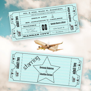 Aqua Vintage Modern Typography Ticket Wedding Invitation