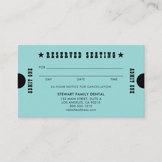 Aqua Vintage Reserved Seating Dental Appointment Card (Front)