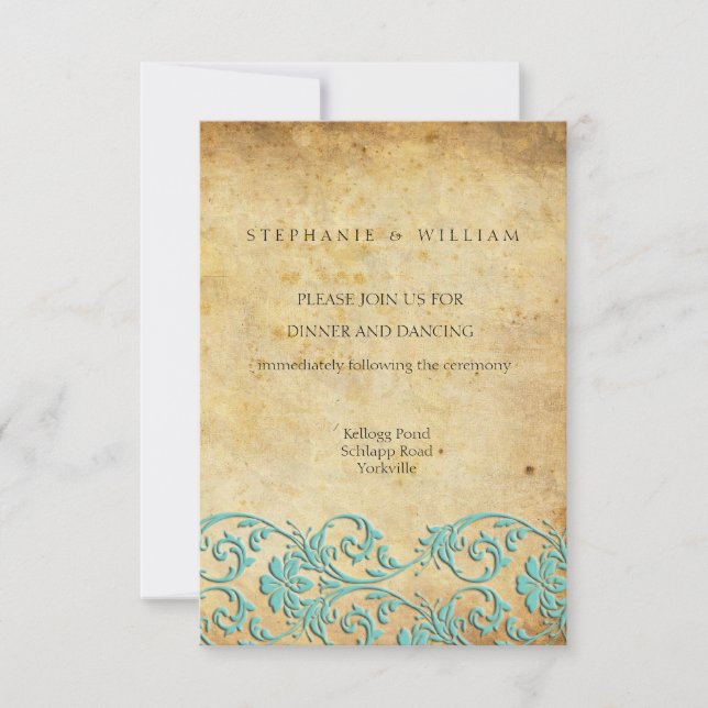Aqua Vintage Swirl Damask Wedding Reception Card (Front)