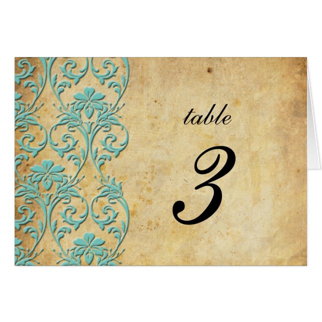 Aqua Vintage Swirl Damask Wedding Table Number (Front Horizontal)