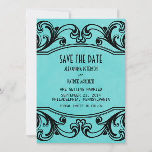 Aqua Vintage Swirls Save the Date Invite