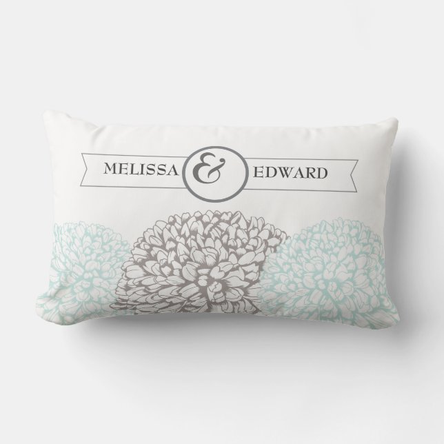 Aqua Vintage Zinnias Wedding Ring Bearer Pillow (Front)