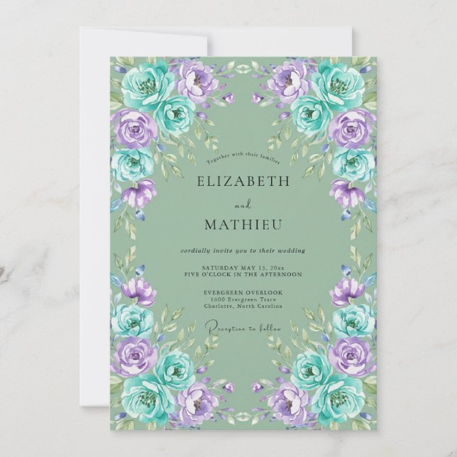 Aqua Violet Leaf Wedding Invitation (Front)