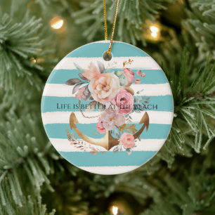 Aqua Watercolor Beach Stripes Gold Floral Anchor Ceramic Ornament