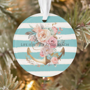 Aqua Watercolor Beach Stripes Gold Floral Ancre