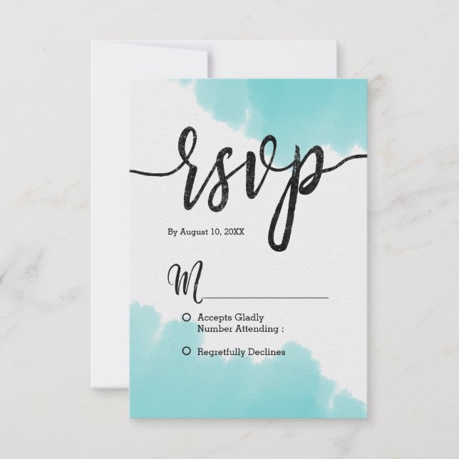 Aqua Watercolor Brush Strokes Simple Wedding RSVP (Front)