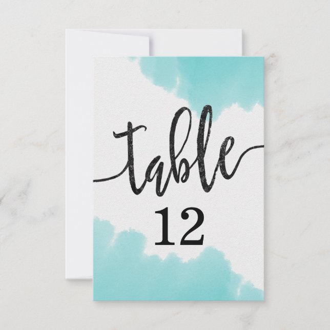 Aqua Watercolor Brush Strokes Table Number Seating (Front)