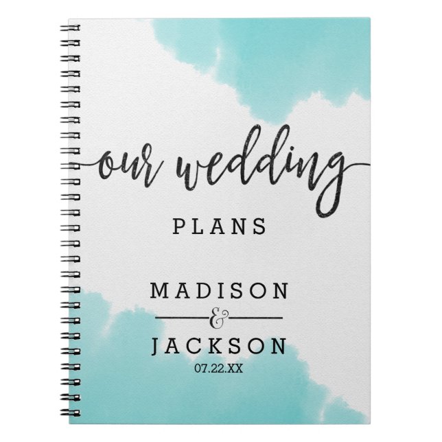 Aqua Watercolor Brush Strokes Wedding Planner Notebook (Front)