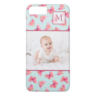 Aqua Watercolor Butterfly Monogram Photo Case-Mate iPhone Case