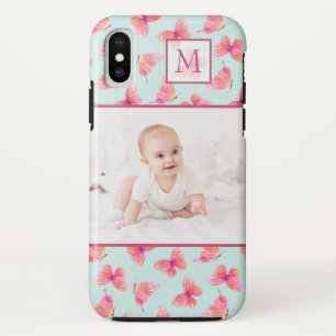 Aqua Watercolor Butterfly Monogram Photo Case-Mate iPhone Case