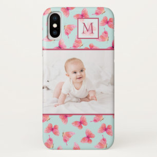 Aqua Watercolor Butterfly Monogram Photo Case-Mate iPhone Case