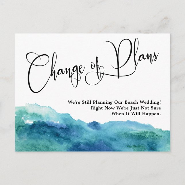 Aqua Watercolor Change of Plans Postponed Wedding Postcard (Front)