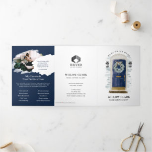 Aqua Watercolor Front Door Real Estate Marketing Tri-Fold Card