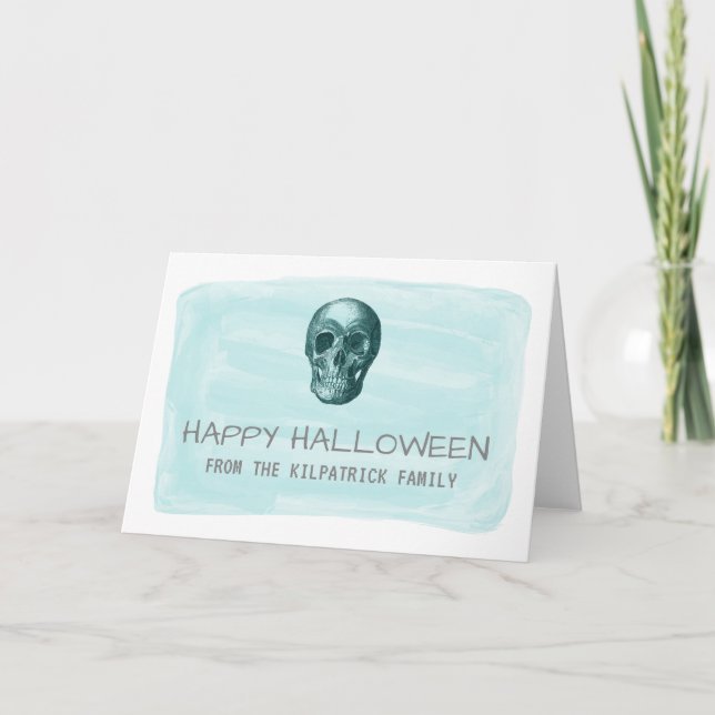 Aqua Watercolor Skull Halloween Greeting Card (Front)