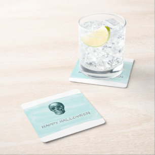Aqua Watercolor Skull Halloween Paper Coasters