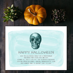 Aqua Watercolor Skull Halloween Party Invite