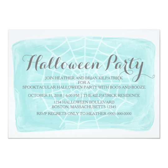 Aqua Watercolor Spider Web Halloween Party Invite