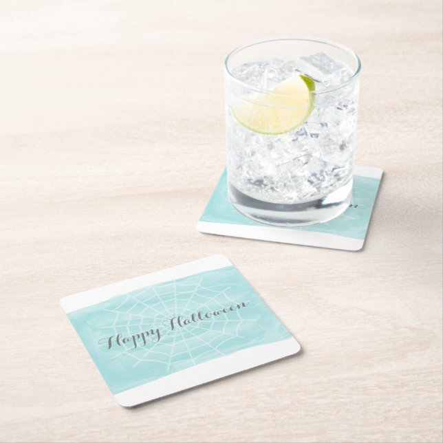 Aqua Watercolor Spider Web Halloween Square Paper Coaster (Insitu)