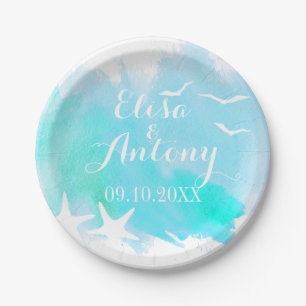 Aqua watercolor, starfish beach wedding paper plate