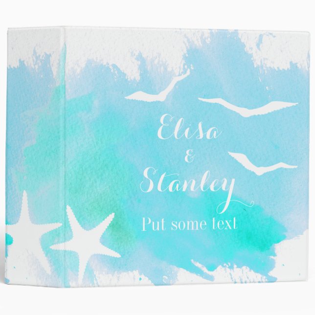Aqua watercolor, starfish beach wedding planner binder (Front/Spine)