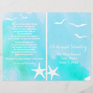 Aqua watercolor, starfish beach wedding program