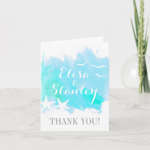 Aqua watercolor, starfish beach wedding Thank You Card
