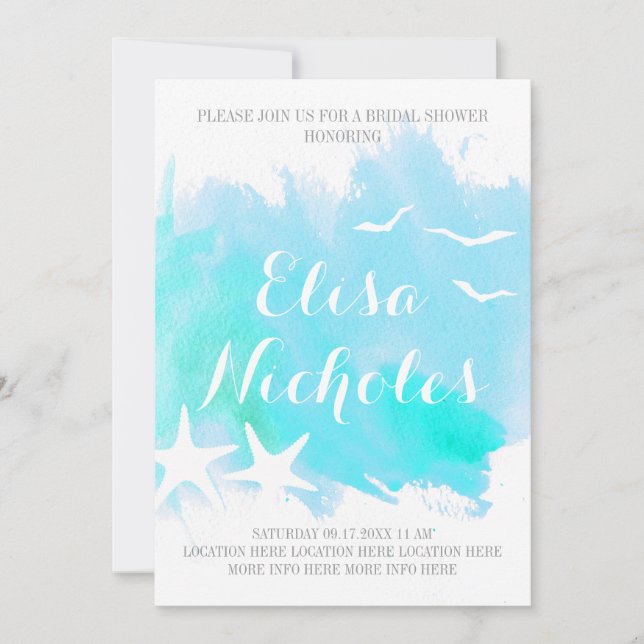 Aqua watercolor, starfish wedding bridal shower invitation (Front)