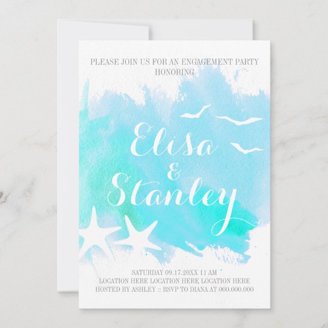 Aqua watercolor, starfish wedding engagement party invitation (Front)