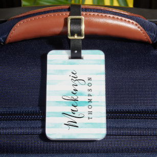 Aqua Watercolor Stripes Monogram Luggage Tag