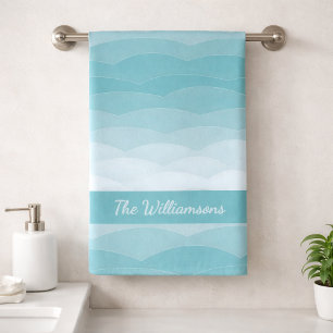 Aqua Wave Gradient   Modern Ocean Pattern Bath Towel Set